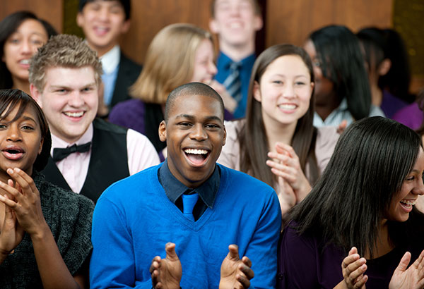 Church Charters Smiling People Clapping At Religious Church Gathering